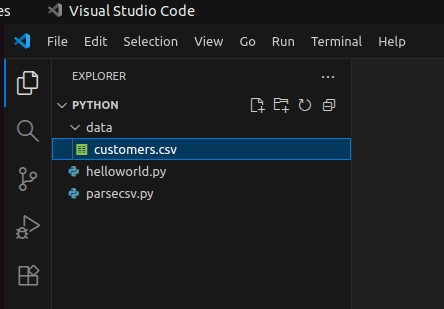 File customers.csv Now Available in VS Code Explorer