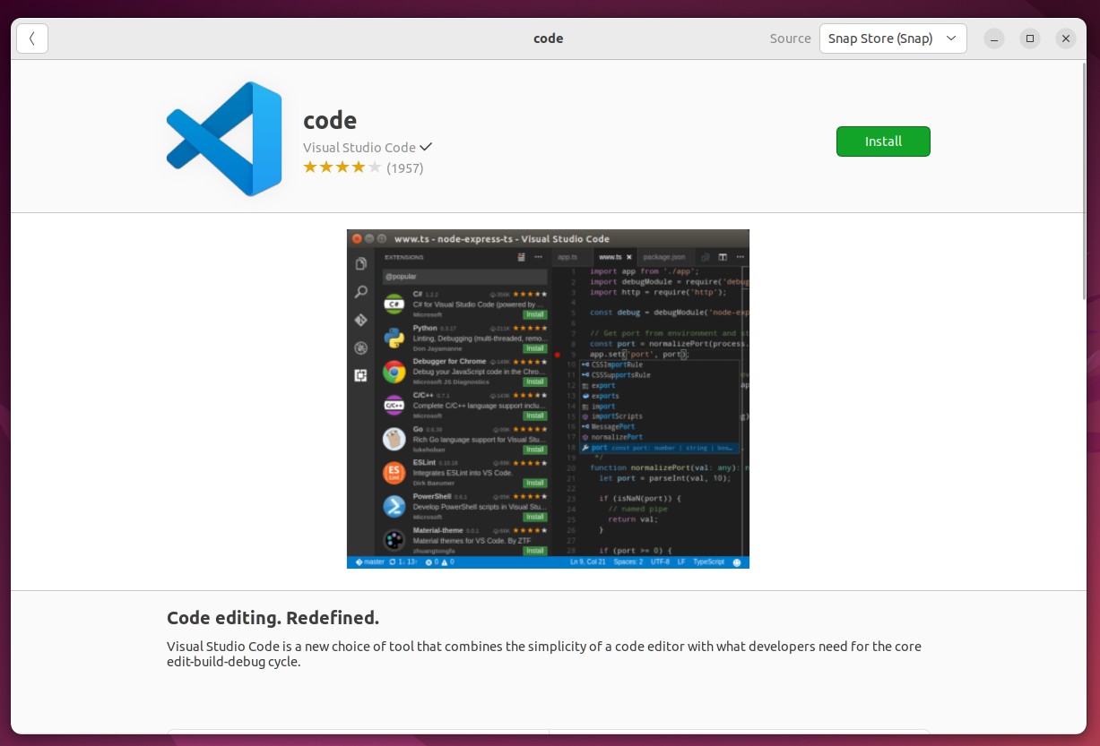 Ubuntu Software Application Visual Studio Code Install page"