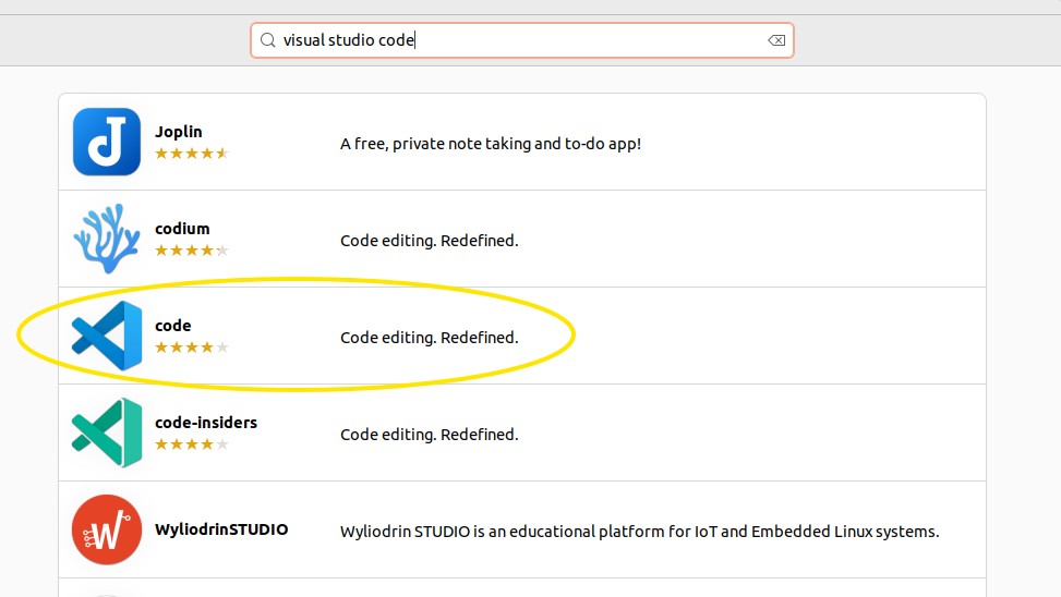 code in Ubuntu Software Application with description of “Code editing. Redefined.”