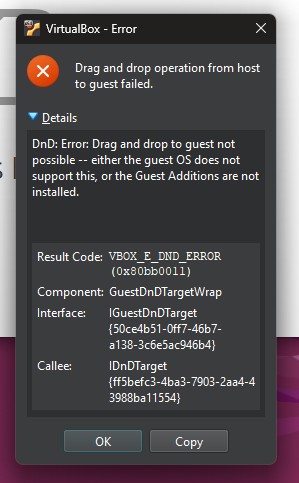 Screenshot of drag and drop operation from host to guest failed error