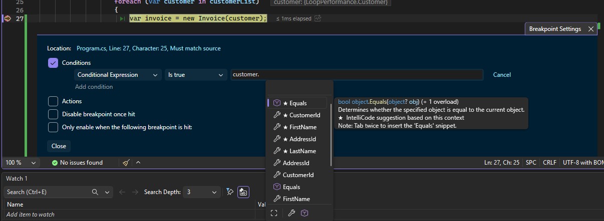 Intellisense active in the Condition field