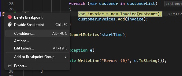 Conditions... item from context menu