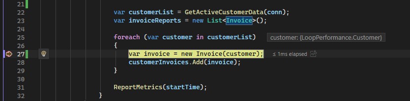 Initial breakpoint set on line 29